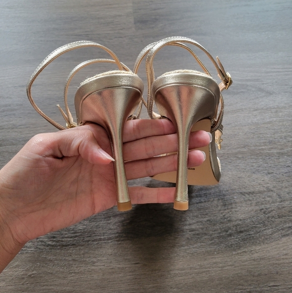 Coach Gold Platinum Champagne Kaia Espadrille Open Toe Heels NWOB Size 8 - Picture 8 of 12